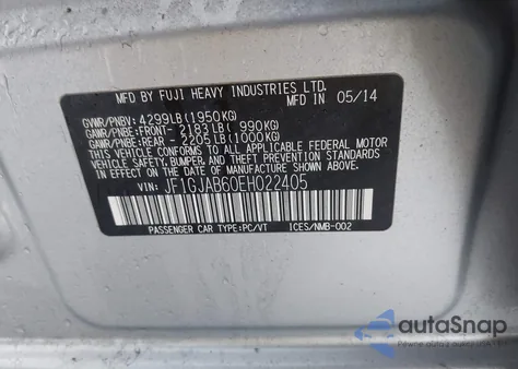 2014 Subaru Impreza 2.0I Premium from USA, damaged, VIN JF1GJAB60EH022405